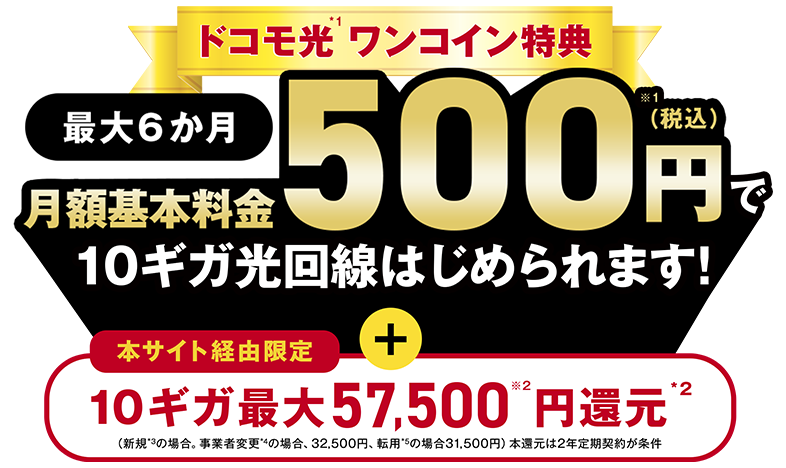 ドコモ光 ワンコイン特典 最大6か月 基本料金500円（税込）で10ギガ光回線はじめられます！本サイト経由限定 10ギガ最大57,500円還元（新規の場合。事業者変更の場合、32,500円、転用の場合31,500円）本還元は2年定期契約が条件