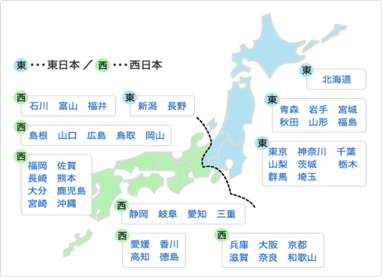 NTT東日本・西日本の対応エリアの図