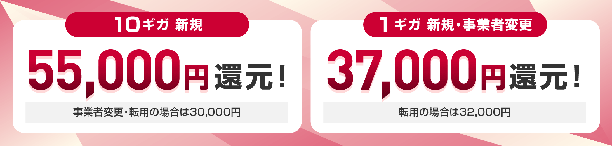 10ギガ 新規 55,000円還元！ 事業者変更・転用の場合は30,000円　1ギガ 新規・事業者変更 37,000円還元！ 転用の場合は32,000円