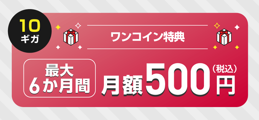 10ギガ 最大6か月間 月額500円（税込） ワンコイン特典