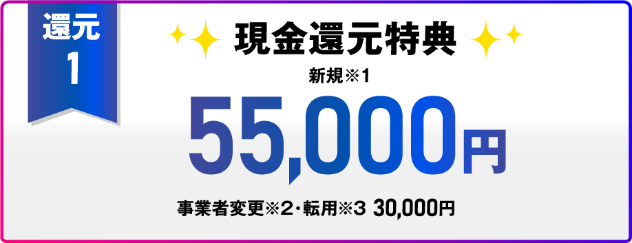 還元1 現金還元特典 新規※1 55,000円 事業者変更※2・転用※3 30,000円