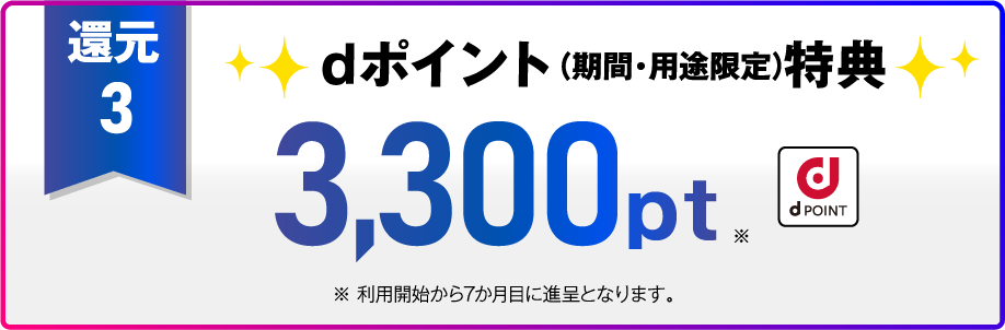 還元3 dポイント（期間・用途限定）特典 3,300pt※利用開始から7か月目に進呈となります。