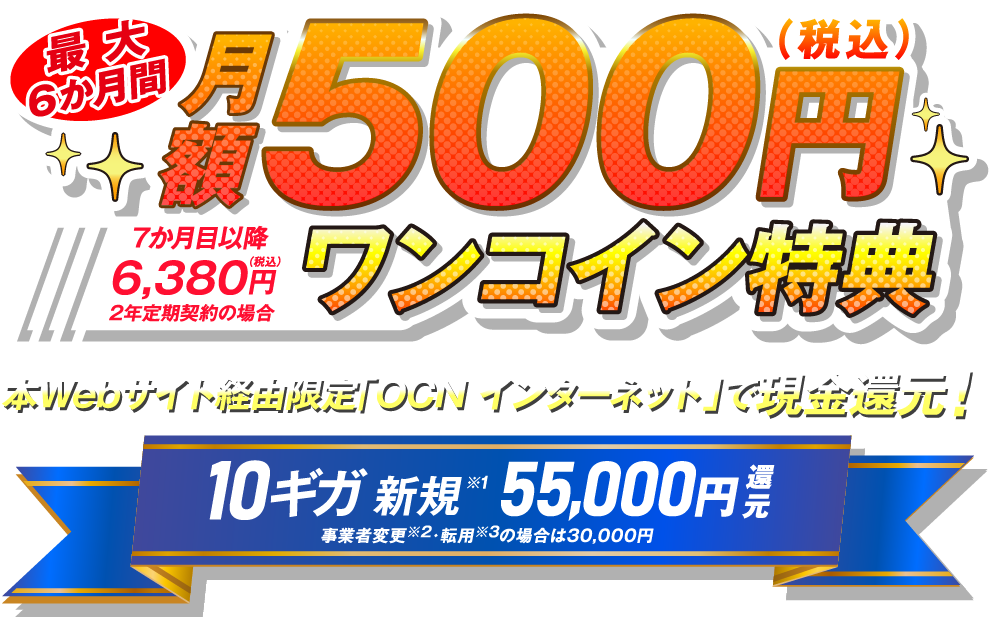 最大6か月間 月額500円（税込）ワンコイン特典 7か月目以降6,380円（税込）2年定期契約の場合 本Webサイト経由限定「OCN インターネット」で現金還元！10ギガ新規※1 55,000円還元 事業者変更※2 の場合は30,000円