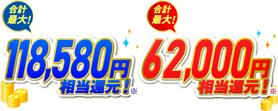 合計最大！118,580円相当還元！※　合計最大！62,000円相当還元！※