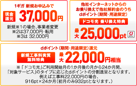 1ギガ 新規※1
									1ギガ 新規お申込みで現金還元37,000円新規
									※1の場合、事業者変更※2は37,000円・転用※3は 32,000円　
									他社インターネットからのお乗り換えで他社解約金のうちdポイント（期間・用途限定）ドコモ光乗り換え特典　
									最大25,000pt（dpoint）　dポイント（期間・用途限定）還元新規工事料実質無料特典　最大22,000円相当
									※ 「ドコモ光」ご利用開始月の1か月後の月から24か月間、「対象サービス」のタイプに応じたdポイントの分割進呈となります。
									例えば工事料22,000円の場合、916pt×24か月（初月のみ932ptとなります。）
											