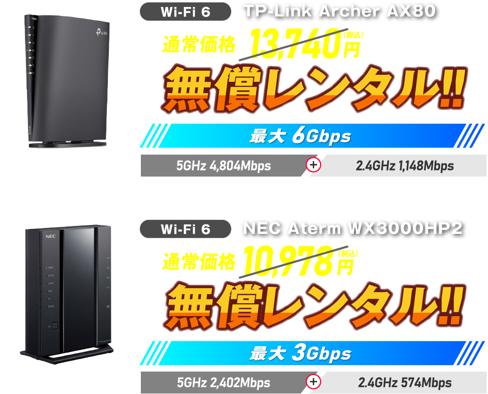 Wi-Fi 6 TP-Link Archer AX80 通常価格13,740円（税込）→無償レンタル!! 最大6Gbps 5GHz 4,804Mbps＋2.4GHz 1,148Mbps　Wi-Fi 6 NEC Aterm WX3000HP2 通常価格9,540円（税込）→無償レンタル!! 最大3Gbps 5GHz 2,402Mbps＋2.4GHz 574Mbps