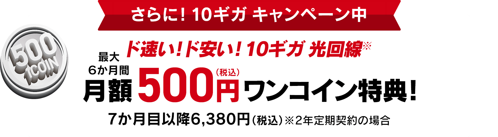 さらに！10ギガキャンペーン中 ド速い！ド安い！10ギガ 光回線※ 最大6か月間 月額500円 ワンコイン特典！