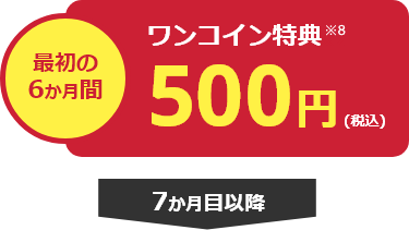 最初の6か月間ワンコイン特典500円（税込）