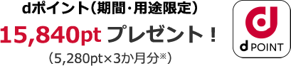 dポイント（期間・用途限定）15,840ptプレゼント！（5,280pt×3か月分※）