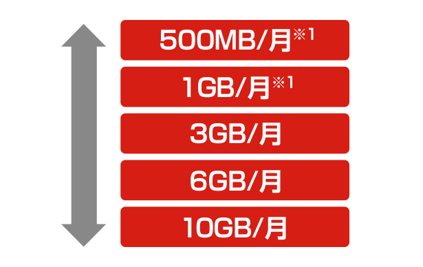 コースを変更できる　500MB/月※1 1GB/月※1 3GB/月 6GB/月 10GB/月