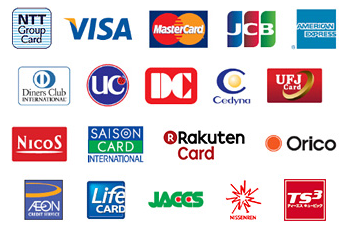 NTT Group Card、VISA、MasterCard、JCB、AMERICAN EXPRESS、Diners Club、UC、DC、Cedyna、UFJ Card、NICOS、SAISON CARD、Rakuten Card、Orico、AEON、Life CARD、JACCS、NISSENREN、TS3