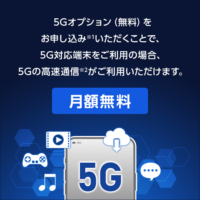 5Gオプション（無料）をお申し込み※1いただくことで、5G対応端末をご利用の場合、5Gの高速通信※2がご利用いただけます。「月額無料」