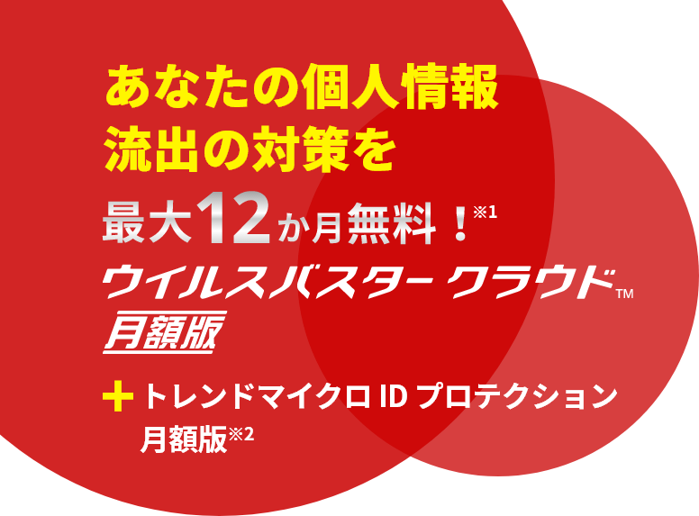 あなたの個人情報流出の対策を 最大12か月無料!ウイルスバスタークラウド月学版+トレンドマイクロ ID プロテクション 月額版