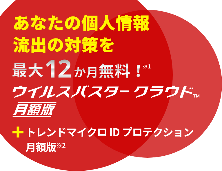 あなたの個人情報流出の対策を 最大12か月無料!ウイルスバスタークラウド月学版+トレンドマイクロ ID プロテクション 月額版