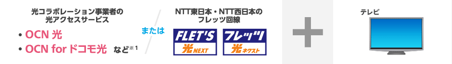 光コラボレーション事業者の光アクセスサービス（OCN光, OCN for ドコモ光　など）※1またはNTT東日本・NTT西日本のフレッツ回線 ＋ テレビ